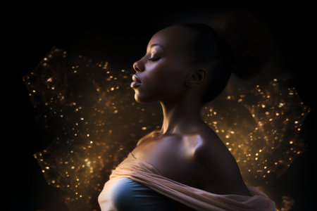 Portrait of beautiful african american woman with golden lights on backgroundの素材
