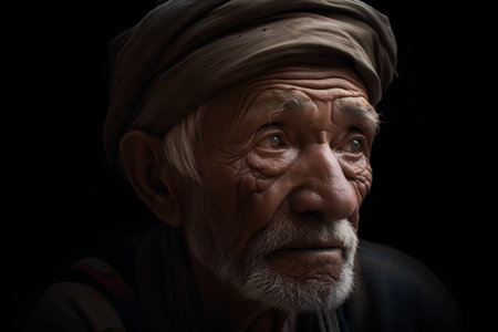 Portrait of an old man in a turban on a black backgroundの素材