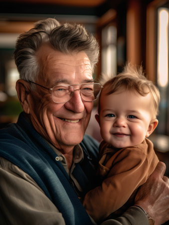 Portrait of a smiling grandfather with his grandson at home. Grandfather and grandson together.の素材