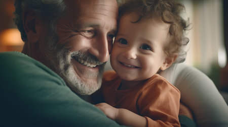 Portrait of a happy grandfather and his grandson smiling at the cameraの素材