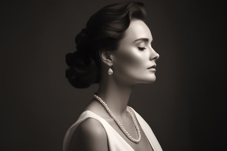 Fashion portrait of beautiful young woman with jewelry. Black and white photo.の素材