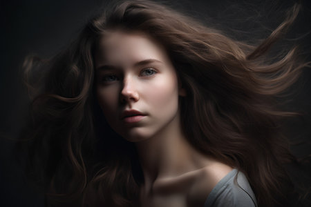 Portrait of a beautiful young woman with long hair. Beauty, fashion.の素材
