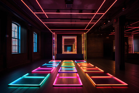 3D rendering of an empty room in a loft with neon lightsの素材