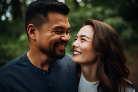 Closeup portrait of a happy couple embracing each other in the parkの素材