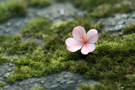 Small pink flower on green moss with drops of water after rain.の素材