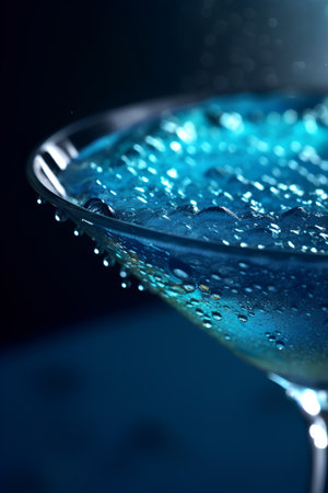 Blue cocktail in martini glass with water drops on dark blue backgroundの素材
