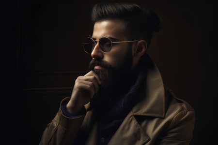 Portrait of a handsome bearded man in a beige coat. Men's beauty, fashion.の素材