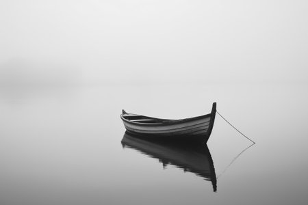Fishing boat on a foggy lake. Black and white image.の素材