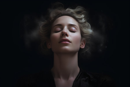 Portrait of a beautiful blonde woman with closed eyes and smoke in her hairの素材
