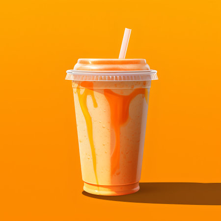 Orange smoothie in plastic cup with straw on orange background. 3d renderingの素材