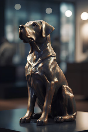 Bronze dog statue in a museum, shallow depth of field.の素材