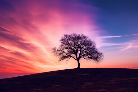 Silhouette of a tree on a hill against a colorful sunsetの素材