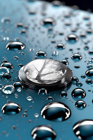 water drops and coin on blue background. 3d render illustration.の素材