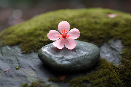 Pink flower on the stone with green moss in the background. Zen concept.の素材