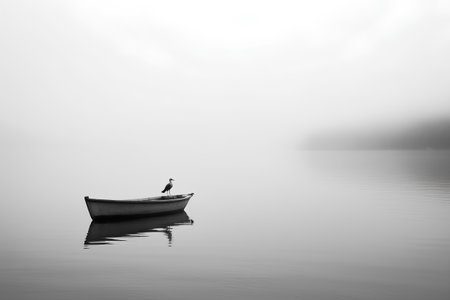 Black and white image of a boat on a lake in the fogの素材