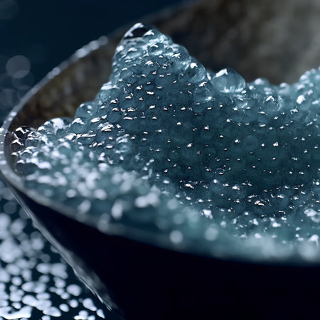Close-up of blue sugar cube in black bowl with water dropsの素材