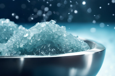 Close up of crystal sugar in a bowl on a blue background.の素材