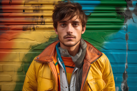Portrait of a young man in a yellow jacket on a background of a graffiti wallの素材
