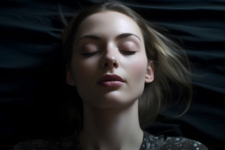 Portrait of beautiful young woman with closed eyes on black background.の素材