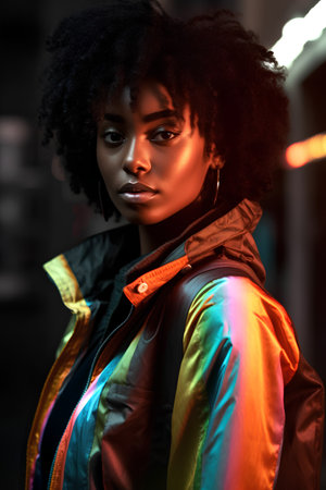 Fashionable african american woman with afro hairstyle posing at night.の素材