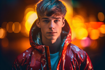 Handsome young man in a red raincoat on a dark background.の素材