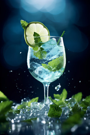 Mojito cocktail with lime, mint and ice on blue backgroundの素材
