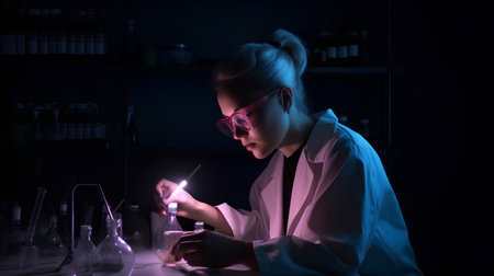 Young female scientist working in laboratory at night. Medical research and development concept.の素材