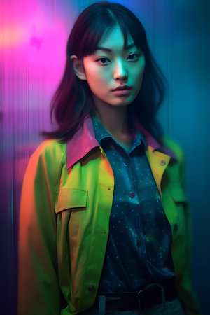 Fashion portrait of young beautiful asian woman in neon light.の素材
