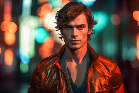 Portrait of a handsome young man in a red leather jacket.の素材