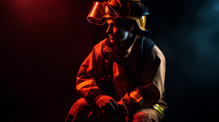 Firefighter in protective gear and goggles standing with crossed arms on black backgroundの素材
