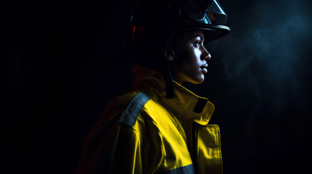 Portrait of a young firefighter in uniform and helmet on black backgroundの素材