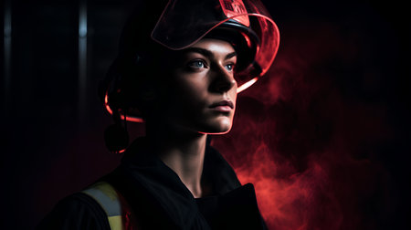 Portrait of female firefighter in uniform and helmet on dark background.の素材