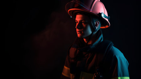 Portrait of a firefighter in uniform and helmet on a black background.の素材