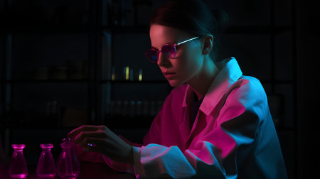 Female scientist working in laboratory. Science, chemistry, biology, medicine and people concept.の素材
