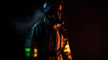 Portrait of a fireman in uniform on a dark background.の素材