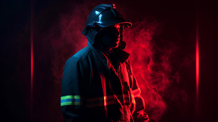 Portrait of a firefighter in a protective suit and helmet. Smoke background.の素材