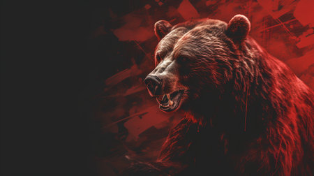 Brown bear with red grunge background. Dangerous animal. 3D illustrationの素材