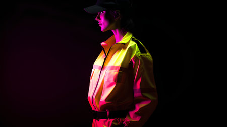 Portrait of a female security guard in a red jacket on a black background.の素材