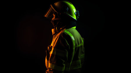 Firefighter in uniform and helmet on dark background. Studio shot.の素材