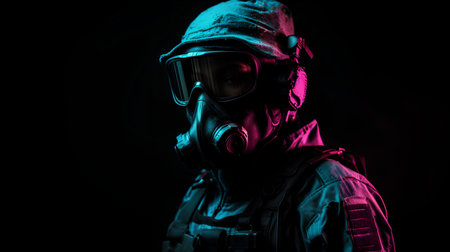 portrait of a man in a gas mask on a black backgroundの素材