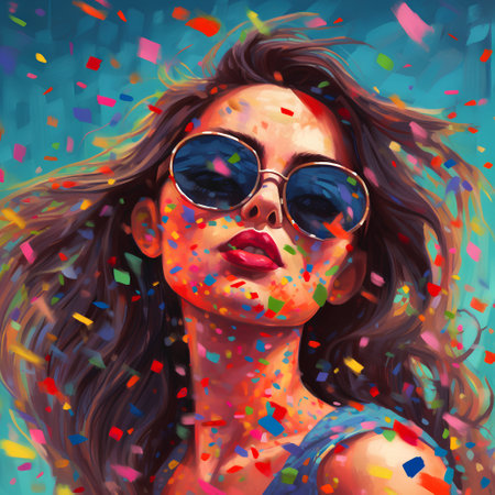 Beautiful girl with flying confetti. Portrait of a beautiful girl in sunglasses. Vector illustration.の素材