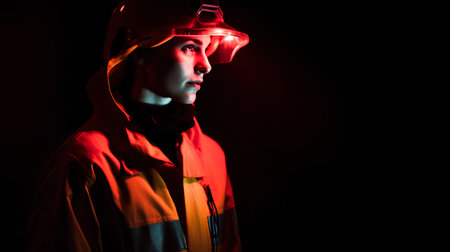 portrait of fireman in uniform and helmet isolated on black backgroundの素材