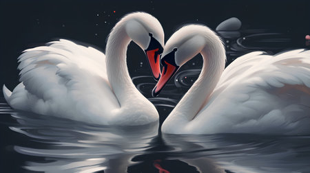 Two white swans on a lake in the night. Vector illustration.の素材