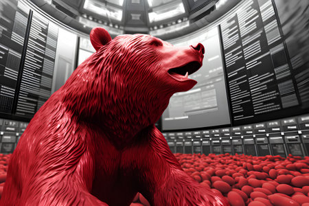 3D rendering of a red bear in a futuristic space with red ballsの素材