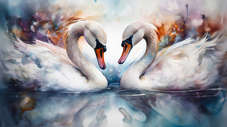 Pair of swans on the water surface. Digital painting.の素材