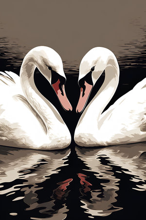 Vector illustration of two white swans on a dark background with reflectionの素材