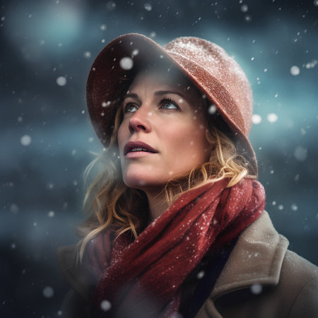 Beautiful woman in hat and scarf on winter snowfall background.の素材