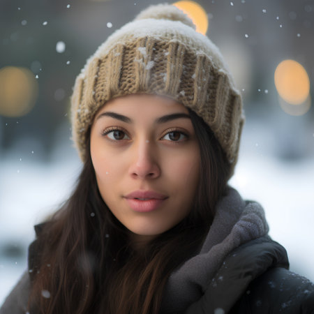 Portrait of beautiful young woman in winter park with snowfall.の素材