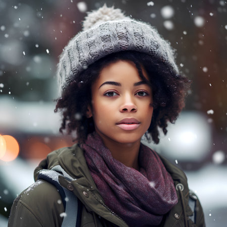 winter, christmas, fashion and people concept - young african american woman in warm clothes over snowy street backgroundの素材