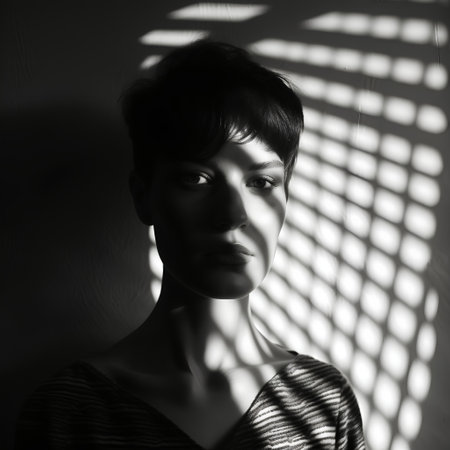 Black and white portrait of a beautiful woman with shadow from the windowの素材